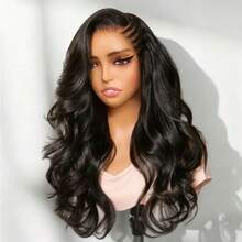 13x4/13x6 高清蕾丝前假发，真人发混纺，自然波浪卷，34英寸 - 200%高密度无胶假发，预先拔毛和修剪，自然发际线和婴儿发，无需胶水，即戴即用 - 自然色&黑色系 - 查看 3