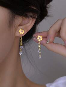 1 Đôi bông tai bạc S925 đính đá Zirconia hình hoa anh đào đơn giản, kiểu dáng thanh lịch, dài, có tua rua, thích hợp cho nữ, kiểu dáng trang sức đi làm hàng ngày. - hoa - Xem 5