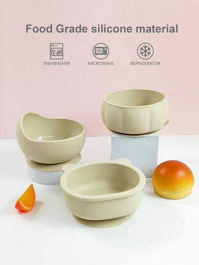 1个米色硅胶婴儿碗，大开口，底部防滑吸盘，柔软舒适，适合日常喂食
