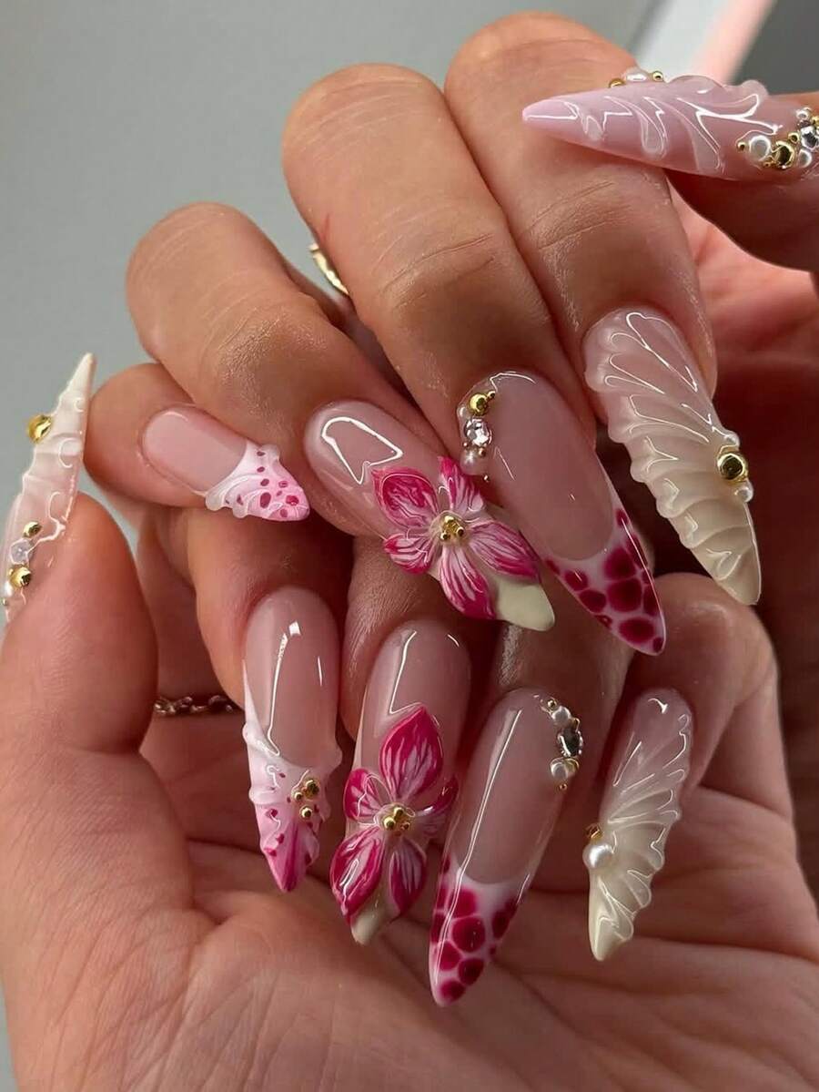 10pcs Luxury Handmade 3D Flower Nail Art, Sparkling Blooming Flower 3D Wavy Nail Tips, Women Daily Wear False Nails Nail Supplies Handmade Press On Nails - 玫紅色 - 查看 1