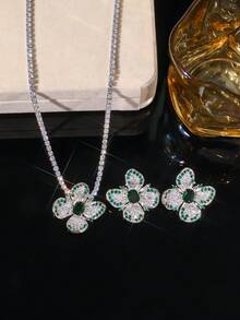 Green & White Rhinestone Flower Necklace & Earring 2 Pieces Set, Luxury Elegant Jewelry For Banquet & Wedding - Multicolor - View 2