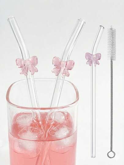 3pcs Reusable Cartoon Pink Bowknot Glass Straws (Includes A Cleaning Brush), Shatterproof & Bendable Transparent Glass Straws With Bow Tie Decoration, Suitable For Drinks, Cocktails, Water Cups, Cold Drinks, Milk Tea, Coffee, Juice, Kitchen Accessories, Restaurant, Cocktail Party, Back To School, Gifts For Boyfriend/Girlfriend, Parents, Friends, Holidays, New Year, Valentine's Day