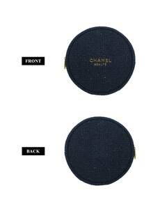 CHANEL Limited Edition Navy Blue Embossed Wool Round Cosmetic Bag, With Gold Logo And Camellia Zipper Pull, Luxury Makeup Pouch - Navy Blue - View 7