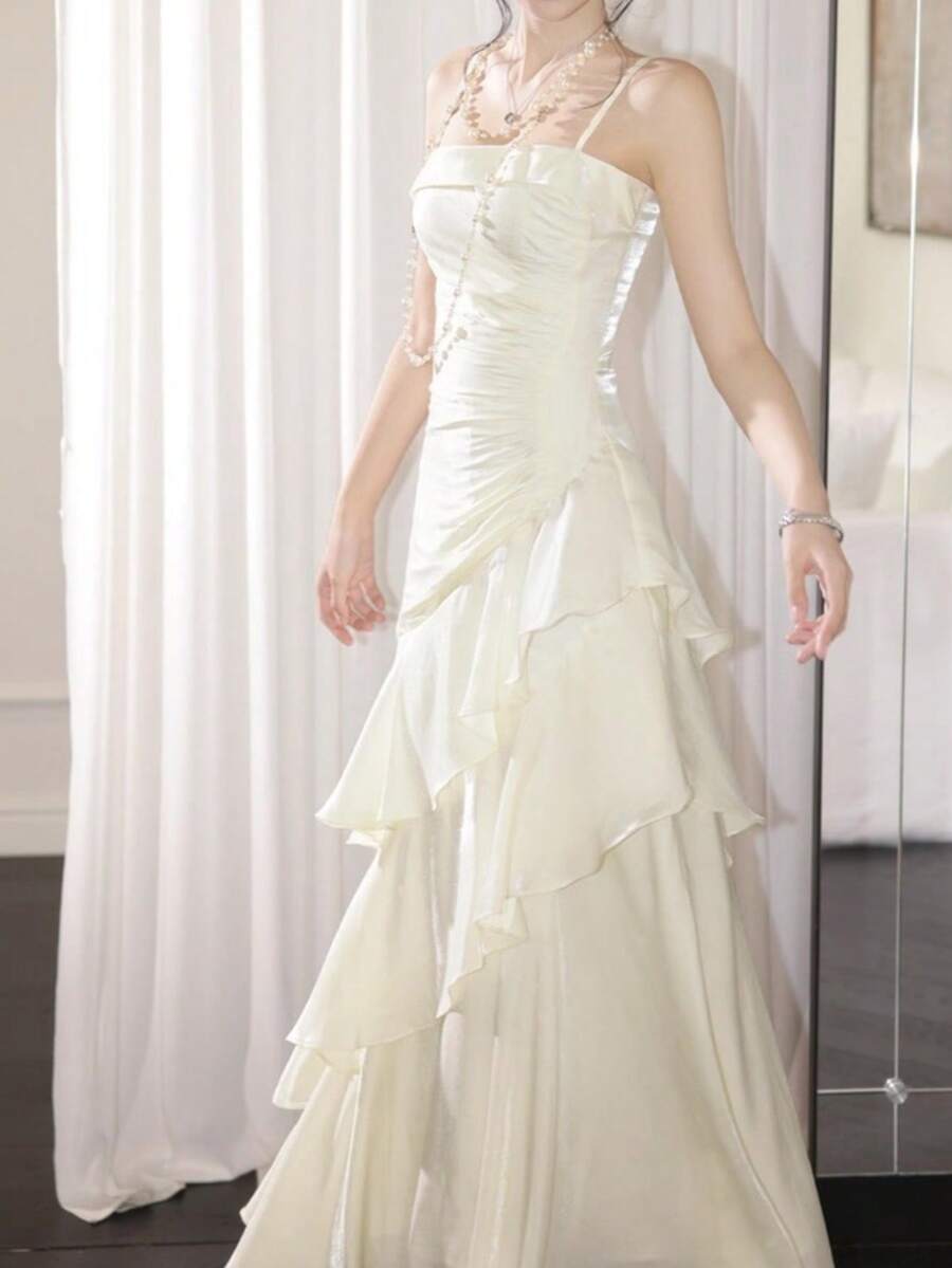 Elegant Summer Apricot Dress For Women Valentine's Day Sexy Satin Prom Dress, Wedding Guest Party Evening Gowns, Ruched Ruffle Vacation Outfits Beach Holiday Vacation