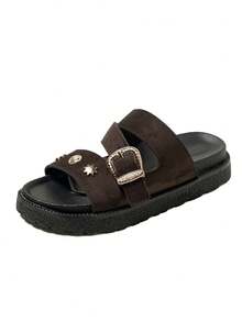New Fashion Metal Buckle Decor Slip-On Wedge Heel Sandals, Comfortable Non-Slip, Versatile & Easy To Clean, Suitable For Beach & Daily Wear - Coffee Brown - View 6