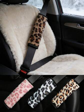 2pcs/1pc Faux Leopard Plush Comfortable & Delicate Car Seat Belt Shoulder Pad Covers, Available In 4 Colors