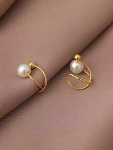 1 Pair Vintage Petite Pearl Clip-On Earrings, Minimalist Elegant Ear Cuff For Non-Pierced Ears - Gold - View 2