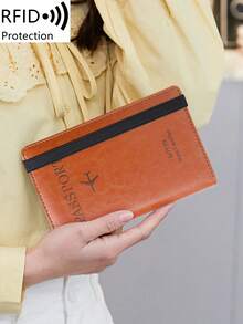 Simple Fashion Oil-Waxed Leather Letter Pattern RFID Blocking Passport Holder Multifunction Portable Travel Wallet Passport Clip Ticket Clip Bank Card Bag Zippered Pocket For Men And Women For Travel Flight Go Abroad For Business, Vacation Accessories For Holiday Season - Multicolor - View 2