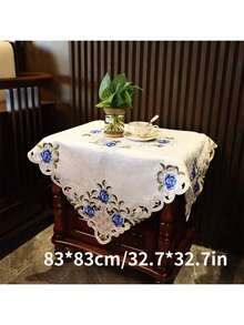 1件手工镂空刺绣花卉桌布，田园风涤纶长方形/正方形花卉桌布，适用于餐桌、茶几、日常家居装饰及婚礼派对节日。 - 寶藍色 - 查看 5