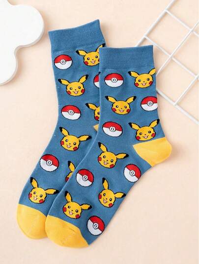pokemon 1/3 Pairs Women Interesting Personalized Cartoon Cute Multicolor Intarsia Pokémon Pikachu Pattern Contrast Color Mid-Calf Socks, Unisex, Sports Style, All Season, European Size, Comfortable Breathable Durable, Vibrant Colors, Suitable For Daily Wear, Premium Fabric, Non-Stuffy