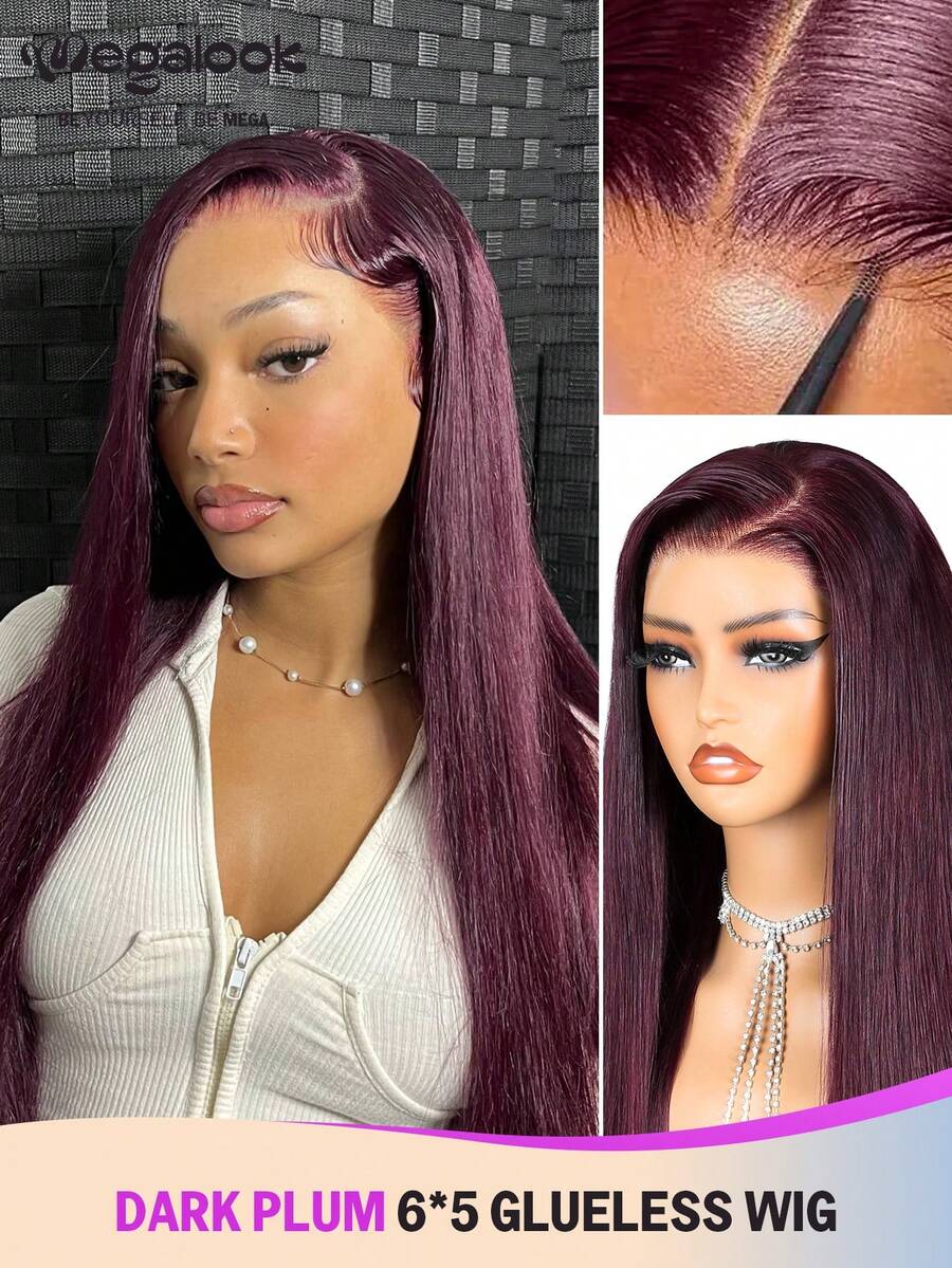 MEGALOOK 6英寸x5英寸深梅子色蕾丝前假发 - 预剪裁、预拔毛自然发际线，透明蕾丝，新手友好，适合女性。100%真人发假发 - 无需胶水，外观自然，适合日常佩戴，可打造办公室、万圣节、派对、Y2K、叛逆女孩、度假、户外角色扮演、学校、节日、圣诞节、婚礼等多种造型。 - S99JB - 查看 1