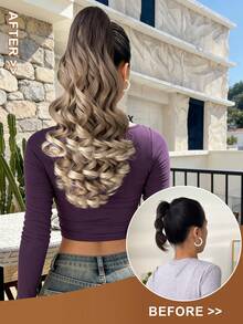 20-24 Inch Long Wavy Synthetic Hair Ponytail Extensions, Claw Clip On, Light Brown Color, Suitable For Daily Wear - Ombre - View 3