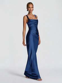 Elegant Satin Cinched Waist Bodycon Slip Dress, Long Gown For Halloween Party, Cocktail Party, Christmas Party - Navy Blue - View 3