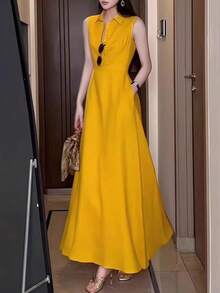 Vestido largo de mujer Vestido sin mangas amarillo de moda, elegante y exclusivo, nuevo en verano, estilo Hong Kong, hermoso vestido largo entallado para mujer - Amarillo - Ver 9