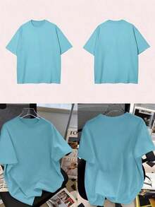 Women's Round Neck Short Sleeve Oversize Fit T-Shirt For Spring/Summer-Unisex Loose - Fit Comfortable Vintage Street - Style Cotton T - Shirt Top-Summer Casual Vintage Cotton Printed T-Shirts For Couples - 淺藍色 - 查看 6