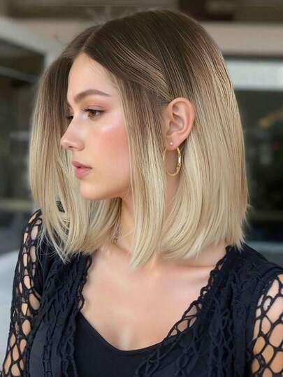 Natural Straight Ombre Gray-Golden Synthetic Wig, Dark Roots, Side Part, Heat Resistant, Suitable For Daily Wear, Parties, Vacations, Cosplay And Other Occasions