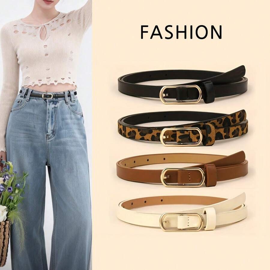 2026 New Women's Gold Alloy Buckle Thin Waist Belt Set Of 4, Adjustable, Minimalist & Fashionable PU Leather Belt, Suitable For Casual, Office, Daily Commute, Perfect Match With Jeans, Skirts, All Season Use - Ideal Christmas, Valentine's Day, Birthday, Anniversary Gift