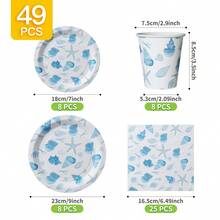 1 Juego de platos, servilletas y vasos desechables con diseño de conchas de mar en color azul claro, sirve para 8 invitados, adecuado para cumpleaños, bodas, fiestas y picnics familiares - Multicolor - Ver 7