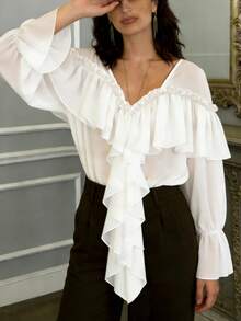 2026 Vacation Outfits Women Floaty Chiffon White Semi-Sheer Blouse Women's Long-Sleeve Ruffled Collar Shirt - White - View 3