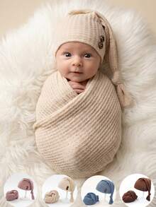 2pcs Newborn Photography Props Set: Knitted Wrap Blanket And Hat, Baby Photo Studio Backdrop Accessories For Boys And Girls - Multicolor - View 4