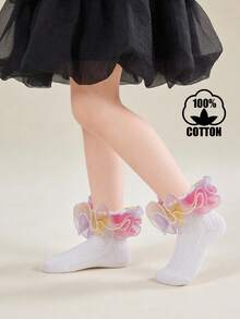 1 đôi tất ngắn bằng cotton viền ren cho trẻ em, tất ren lưới mềm mại cho bé gái, tất công chúa dễ thương để nhảy múa. - trắng - Xem 9