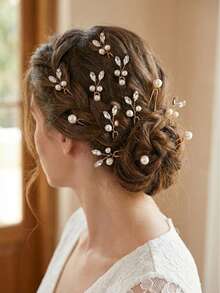 6/12pcs Boho Leaf Design Pearl Hair Sticks, Romantic Gold Tone Hair Jewelry Gift For Women Party - Gold - View 11