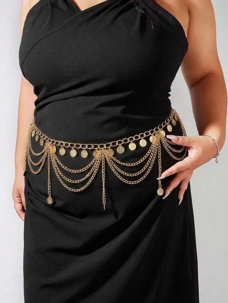 1pc Plus Size Bohemian Style Waist Chain With Coins & Tassels For Women Belly Dance Costume, European And American Style,Perfect For Events And Parties!Adjustable Coin Charm Waist Chain,Suitable For Party, Wedding, Spring/ Summer/Autumn/Winter Summer School Fall, Autumn, Halloween - 金色 - 查看 1
