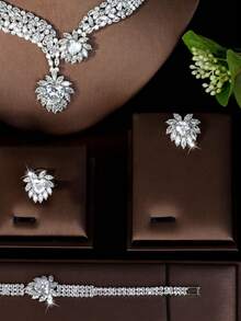 Bộ trang sức nữ thanh lịch, đính đá Cubic Zirconia, họa tiết giọt nước màu xanh dương, phù hợp với trang phục dạ hội, duyên dáng, sang trọng và quyến rũ. - Bạc - Xem 7