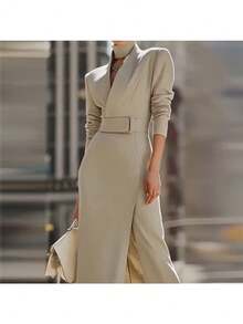 2025 Spring And Autumn Temperament, V-Neck, Slim Fit, Home Dating, Commuting, Mid-Length, Hip-Hugging, Slit Fashion Dress Women - Màu Khaki - Xem 5