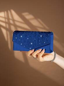 REMANLAND 1个优雅褶皱水钻装饰女士手提包，时尚迷人的女士晚宴手拿包，信封式小方包，带隐藏式卡槽，配有可拆卸金属链的单肩包，适合派对女孩、新娘和节日礼物 - 藏蓝色 - 查看 4