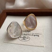 A Natural Textured Mother-Of-Pearl Round Index Finger Ring Shell Light Luxury Ring Niche Design High-End Fashion Personality Versatile - JZ012 Silver - View 3