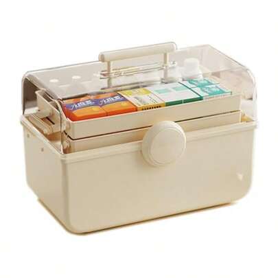 Toolzia 14in 3 Layer Multipurpose Storage Box/Craft Storage Boxes With Compartments/Plastic Tool Box/Medicine Storage Box/Sewing Box With 2 Trays Extra Large Cream