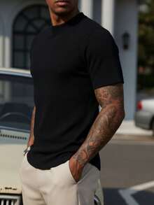 Camiseta de Hombre de Tejido Canalé con Cuello Redondo y Ajuste Slim - Negro - Ver 1