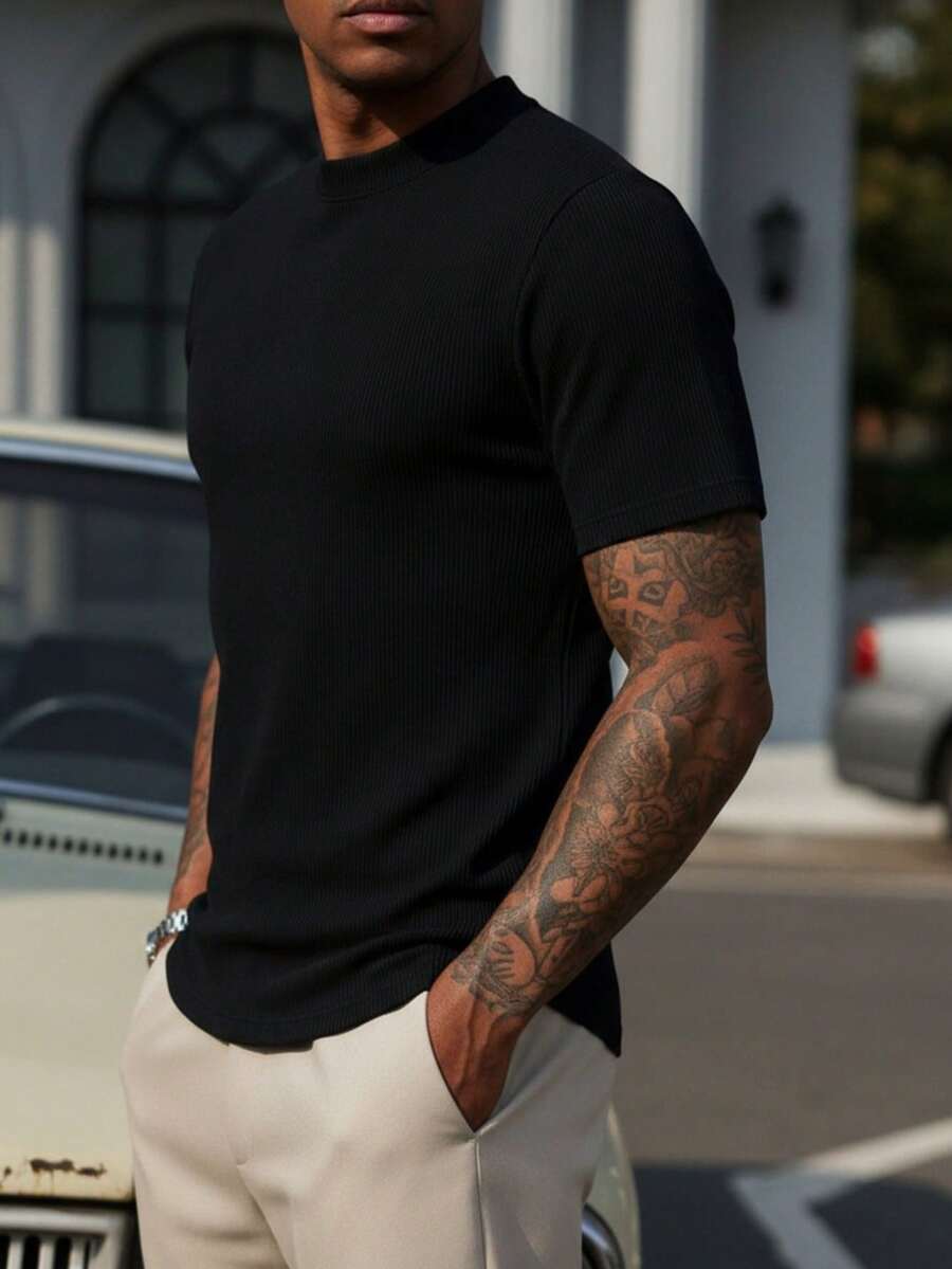 Camiseta de Hombre de Tejido Canalé con Cuello Redondo y Ajuste Slim - Negro - Ver 1