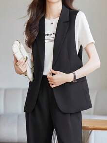 Blazers para mujer,Chaqueta chaleco versátil de un solo botón estilo coreano, novedad de moda para mujer para primavera/otoño. - Negro - Ver 3