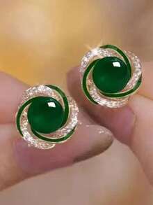 1对时尚简约珍珠耳钉，甜美优雅，饰有水晶 - 彩色 - 查看 7