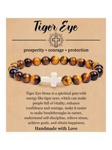 8mm Agate Cross Beaded Bracelet, Volcanic Stone, Yellow Tiger Eye, Turquoise Beaded Bracelet, Religious Unisex Jewelry - Bracelet - View 20