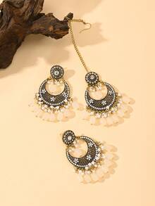 3pcs/Set Glamorous Bollywood Luxury Style Maang Tikka Jewelry Set,Including Earrings&Hair Chain,Rhinestone Decorated Bridal Jewelry Accessories Suitable For Women's Wedding Wear,Ramadan,Daily Or Festival Gift - Pendant Type - View 7