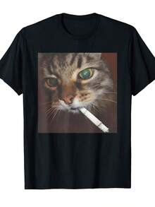 Funny Smoking Cat Meme Pattern Front Print, Hooded Sweatshirt, Pocket Comfortable Breathable Sports Sweatshirt Hoodie, Streetwear, Casual Daily Wear, Can Be Used As A Gift, (If You Want A Loose Effect, Please Choose A Larger Size) - 黑色 - 查看 1