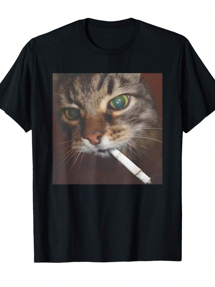 Funny Smoking Cat Meme Pattern Front Print, Hooded Sweatshirt, Pocket Comfortable Breathable Sports Sweatshirt Hoodie, Streetwear, Casual Daily Wear, Can Be Used As A Gift, (If You Want A Loose Effect, Please Choose A Larger Size) - 黑色 - 查看 1