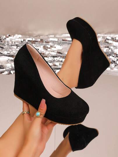 1 Pair Women's New Style Platform Wedge Heel Solid Color Slip-On Shoes, Suitable For Party, Commute, Travel