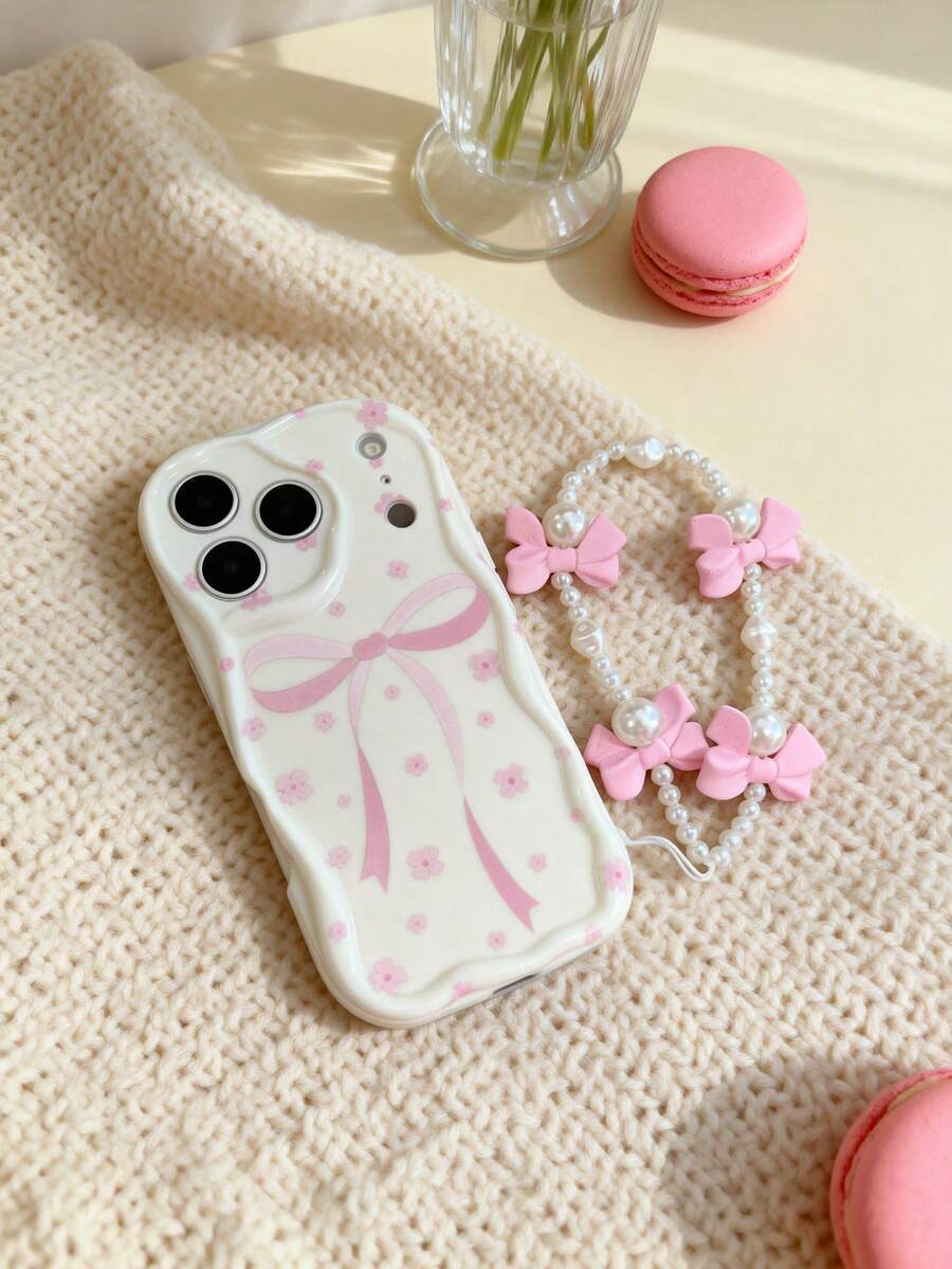 1 pulsera de lazo de perlas falsas con borde ondulado blanco + Funda protectora de teléfono con patrón de lazo y flor gruesa, agujero de precisión anti-caída compatible con iPhone 17/17 Pro/17 Pro Max/17 Air/16/11/16 Pro/16 Plus/16 Pro Max/16e/15 Pro Max/13/14/12/11/7G/8P y Galaxy, Transsion Spring - Blanco - Ver 1