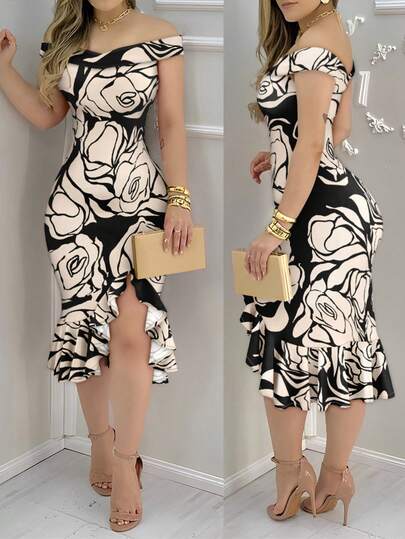 ChicMe Vestido de mujer con estampado floral, hombros abiertos, volantes en el bajo y abertura, vestido elegante y entallado de longitud media, adecuado para fiestas, cócteles y uso de verano