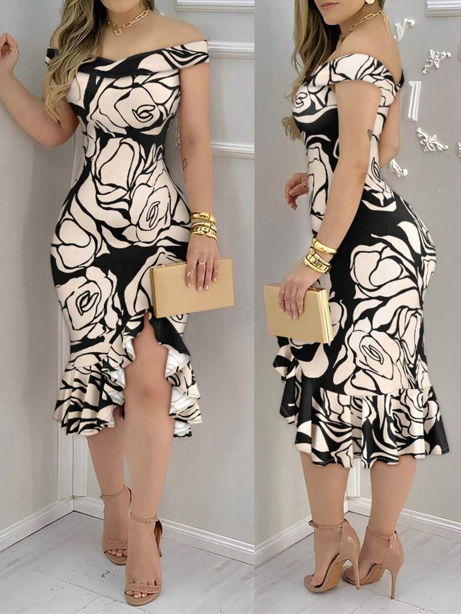 ChicMe Women's Floral Print Open Shoulder Ruffle Hem Split Dress, Elegant Fitted Mid-Length Dress, Suitable For Party, Cocktail And Vacation Wear Black Summer