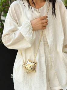 1pc New Mini Metal Pouch, Electroplated Silver Coin Purse, Shiny Avant-Garde Metallic 5-Pointed Star Handbag, Star Chain Crossbody Bag, Asymmetric Handheld Bag, Accessory Pouch, Elegant Coin Purse, Earphone Case , Wedding - Gold - View 4