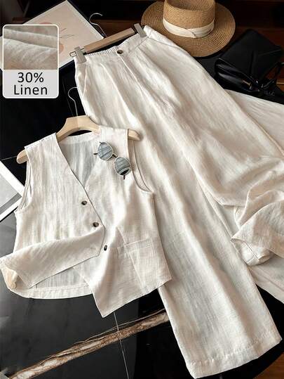 女士休闲舒适亚麻混纺V领宽松不对称设计无袖西装外套和裤子套装