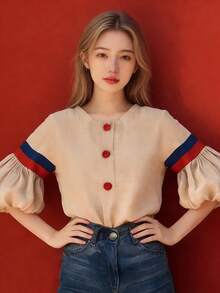 Camisa de mujer Nueva camisa femenina de manga farol color albaricoque, diseño francés único y moderno, muy bonita y juvenil - Albaricoque - Ver 2