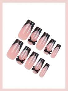 24片渐变亮黑色法式美甲贴纸，金色闪粉蝴蝶结装饰，奢华全覆盖款式，适合女性和女孩日常佩戴、约会、情人节等场合。 - 黑色 - 查看 3