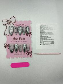 可能制作成混合美甲套装，10片可爱巴洛克Y2K朋克哥特铬金属西部法式中长杏仁形亚克力手工按压式美甲，金色美甲银色美甲，纯手工绘制金色波纹银色波纹珠子3D钻石，适合酷女孩或男孩，女士或男士，适合派对、日常或婚礼美甲装扮佩戴，附赠凝胶贴纸、指甲锉和美甲用品。 - 銀色 - 查看 9