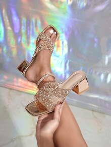 Women's Rhinestone Embellished Peep Toe Wedge Heel Sandals, Summer - 125-6 Rose Gold - View 1